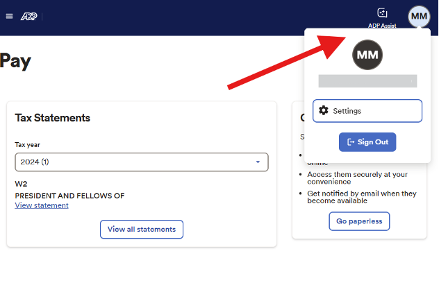 ADP Portal homepage showing the Profile menu