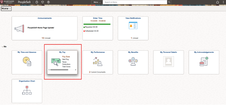 PeopleSoft homepage showing the My Pay Tile