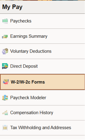 PeopleSoft My Pay menu showing the W-2/W-2c Forms
